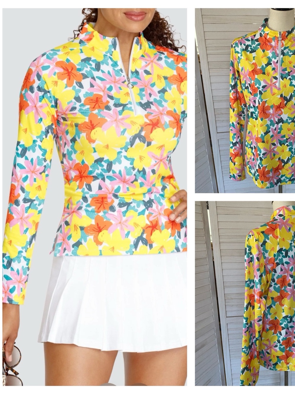 Tail Star Burst Floral Long-Sleeve Quarter Zip Activewear Top SZ XL Sporty